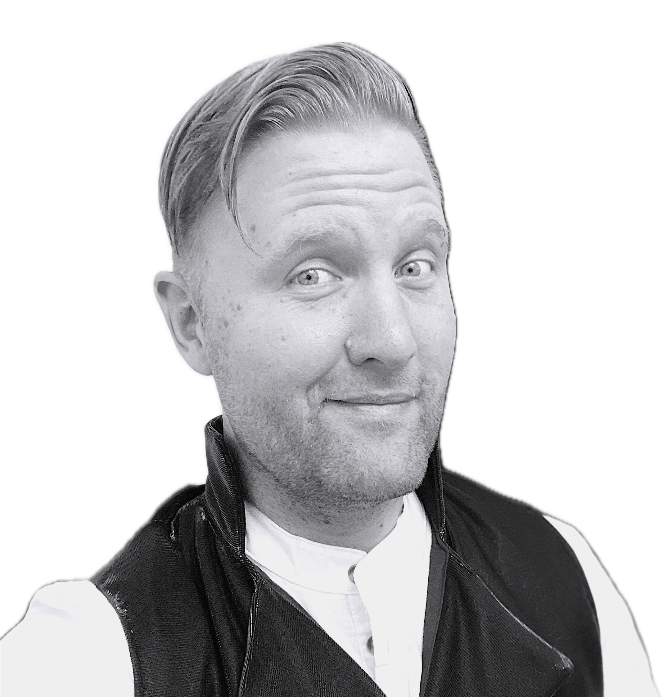 Black and white photo of Kurt Madsen, a man with light hair and light eyes
